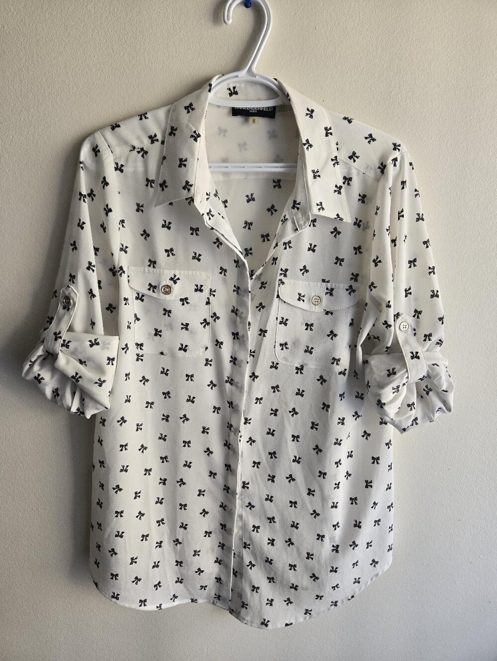 Karl Lagerfeld White Button-Down Shirt with Black Bow Motif - Picture 1 of 3